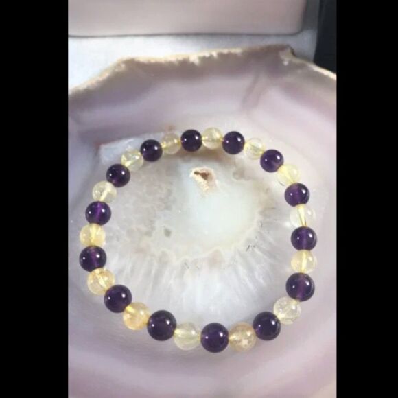 Amethyst & Citrine Beaded Stretch Bracelet - 6mm - Picture 2 of 4